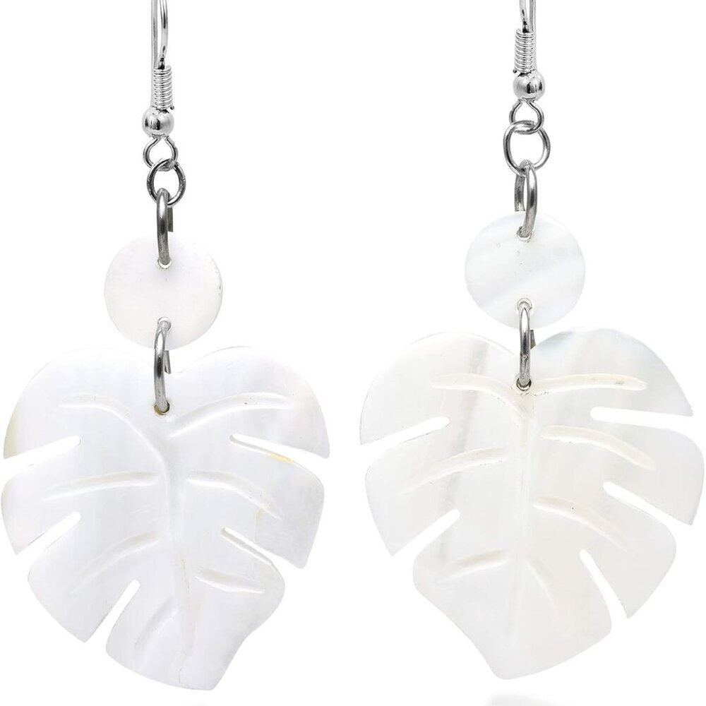 White Kabibe Shell Leaf Dangle Earrings with Fish Hook Closure